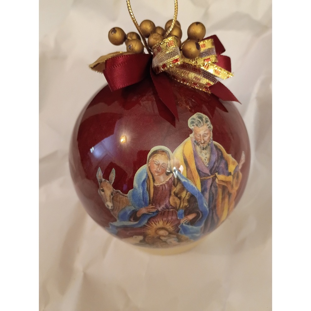 Patricia Reach Nativity Scene Christmas Ornament Burgundy Red Gold Bow Berry